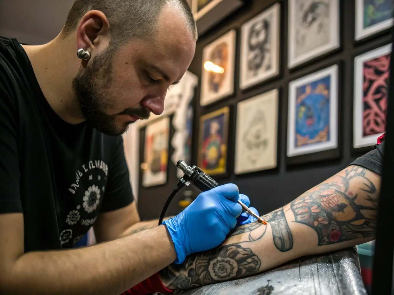 A close-up photograph of a tattoo artist meticulously working on a detailed geometric tattoo design, showcasing the precision and skill involved in creating high-quality body art. The image is set in a modern studio environment.