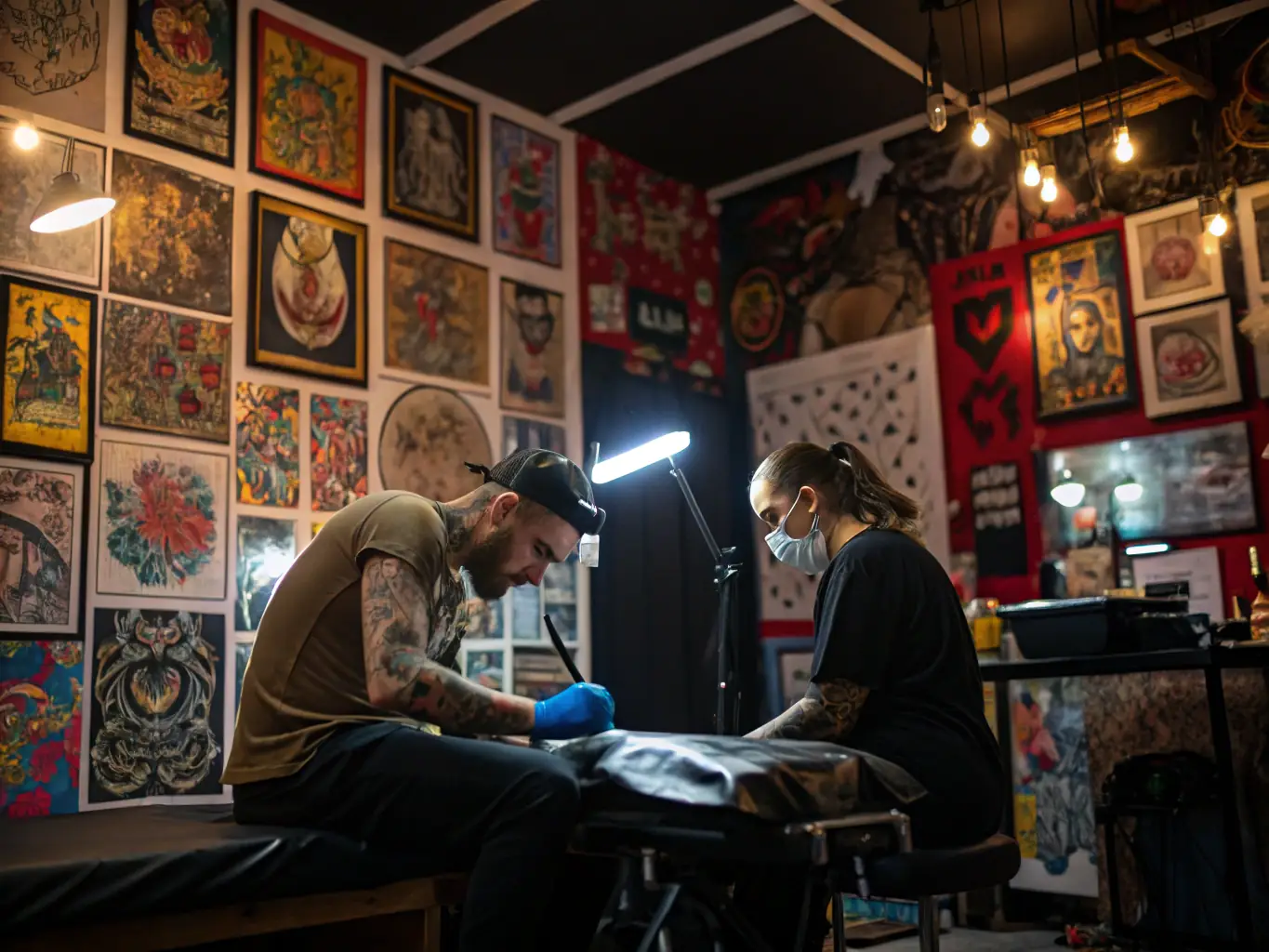A group of tattoo artists and enthusiasts gathered at a TATX-sponsored event, engaging in discussions and showcasing their work in a collaborative and inspiring environment.